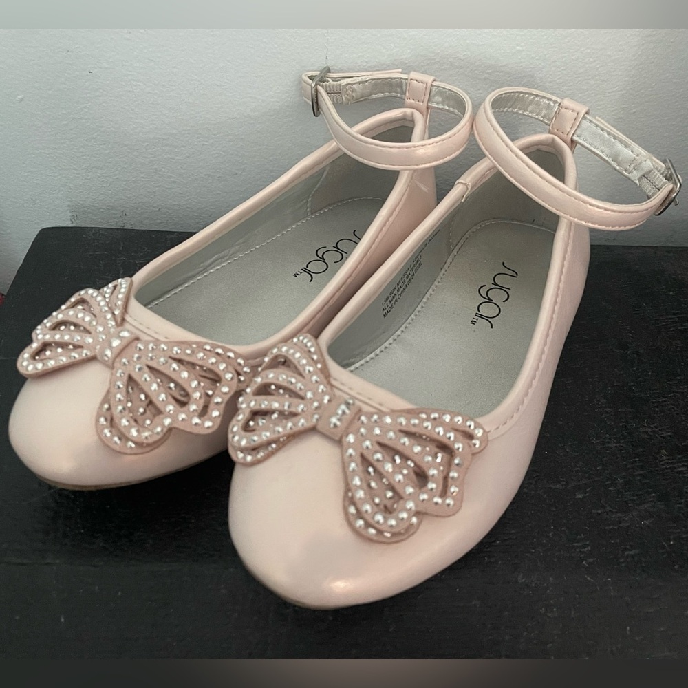 Sugar Blush Pink Ankle Strap Ballet Flats with Bow